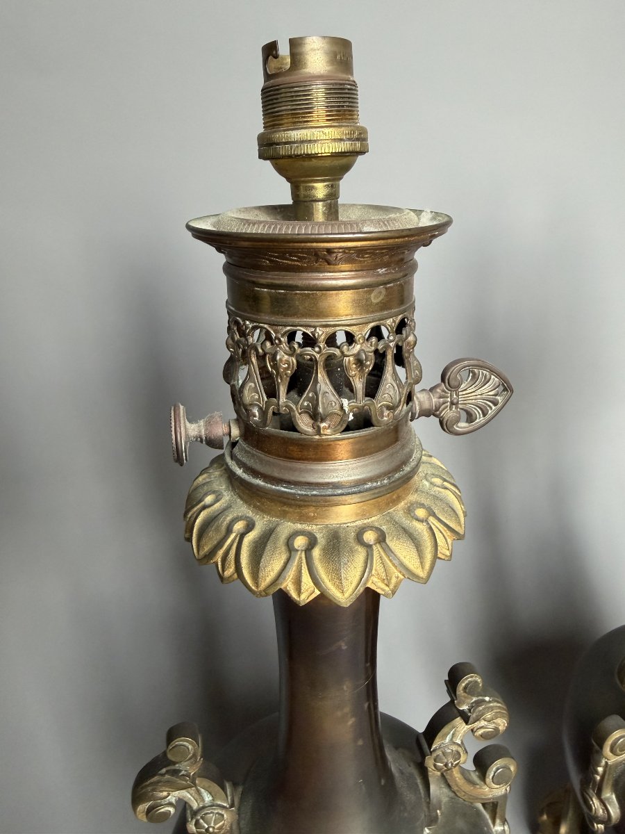 Pair Of Oil Lamps Made Of Patinated Metal And Gilded Bronze – 19th Century-photo-2