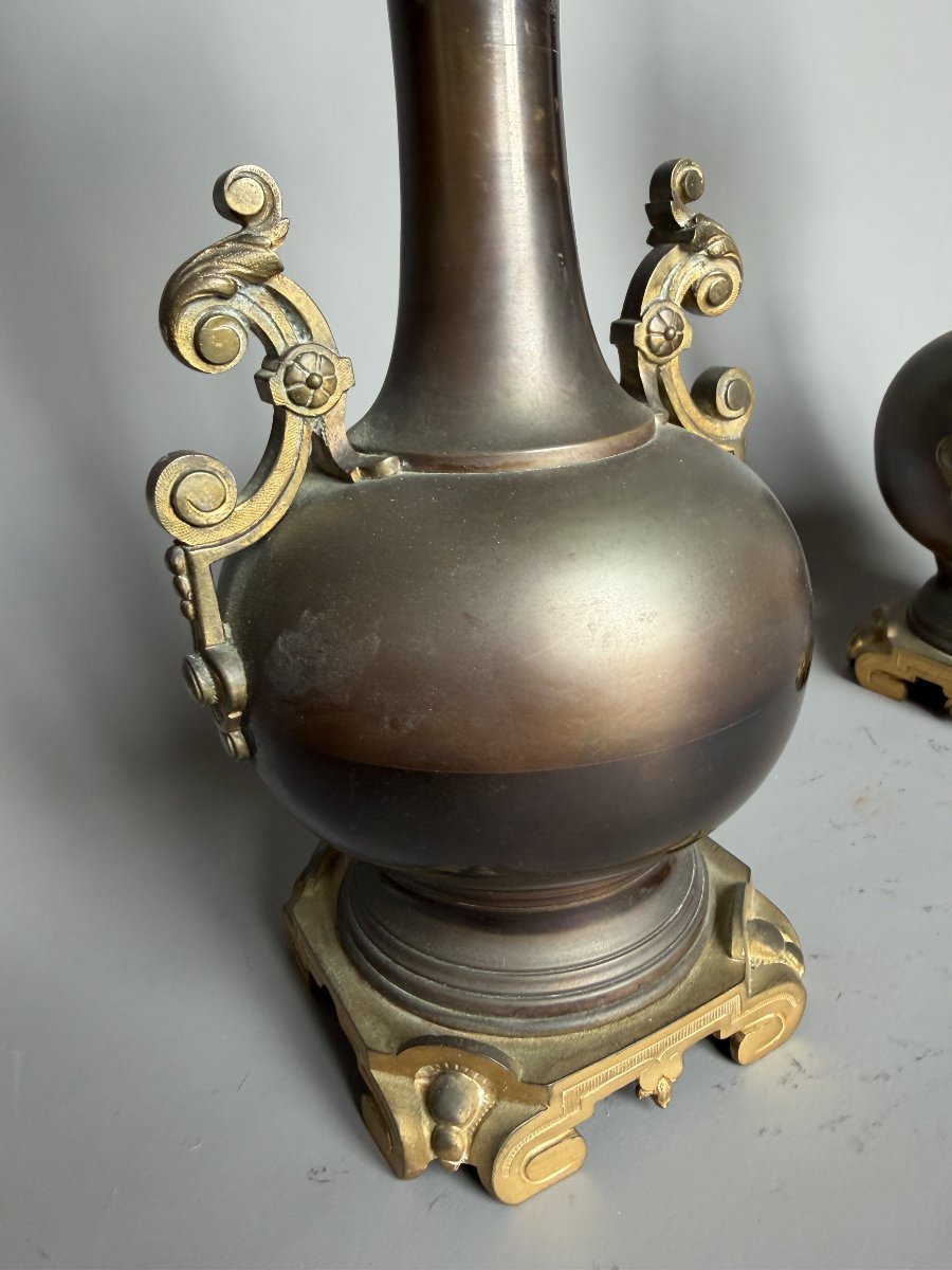 Pair Of Oil Lamps Made Of Patinated Metal And Gilded Bronze – 19th Century-photo-3