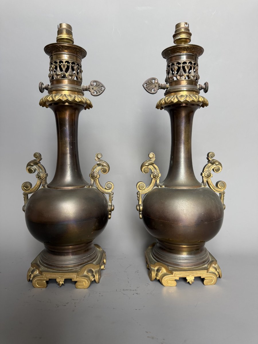 Pair Of Oil Lamps Made Of Patinated Metal And Gilded Bronze – 19th Century