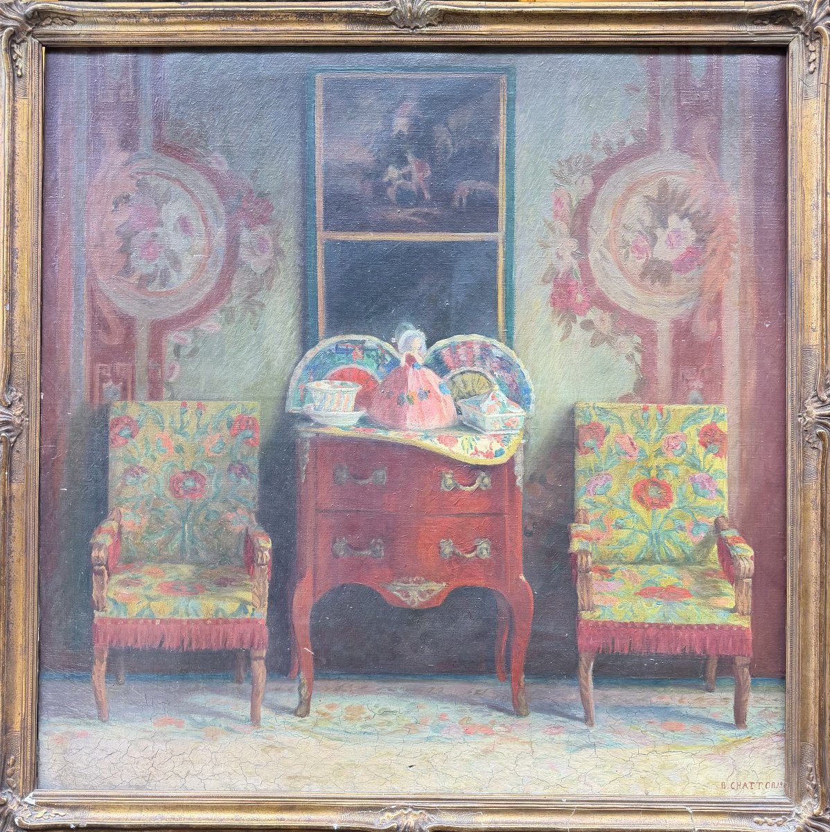 Huile sur toile – Intérieur de salon aux meubles fleuris et Aubusson - 1898-photo-2