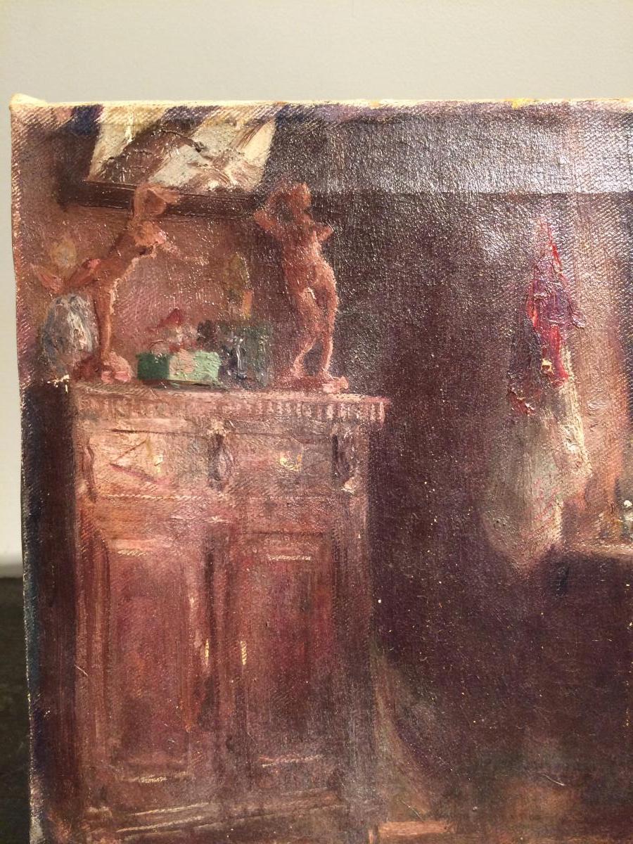 Oil On Canvas Late XIX Inner Living Room Or Workshop In Sculptures And Plants-photo-2