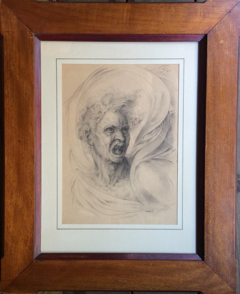 Drawing Signed And Dated 1860 After Michelangelo Anima Dannata Italy