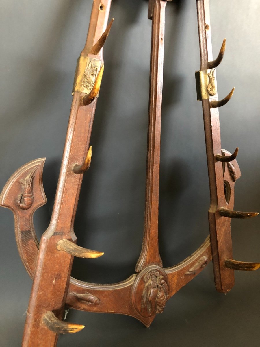 Art Populaire - Porte Fusil En Chêne Sculpté Et Laiton - Décor Phoque, Poissons, Oiseaux-photo-3