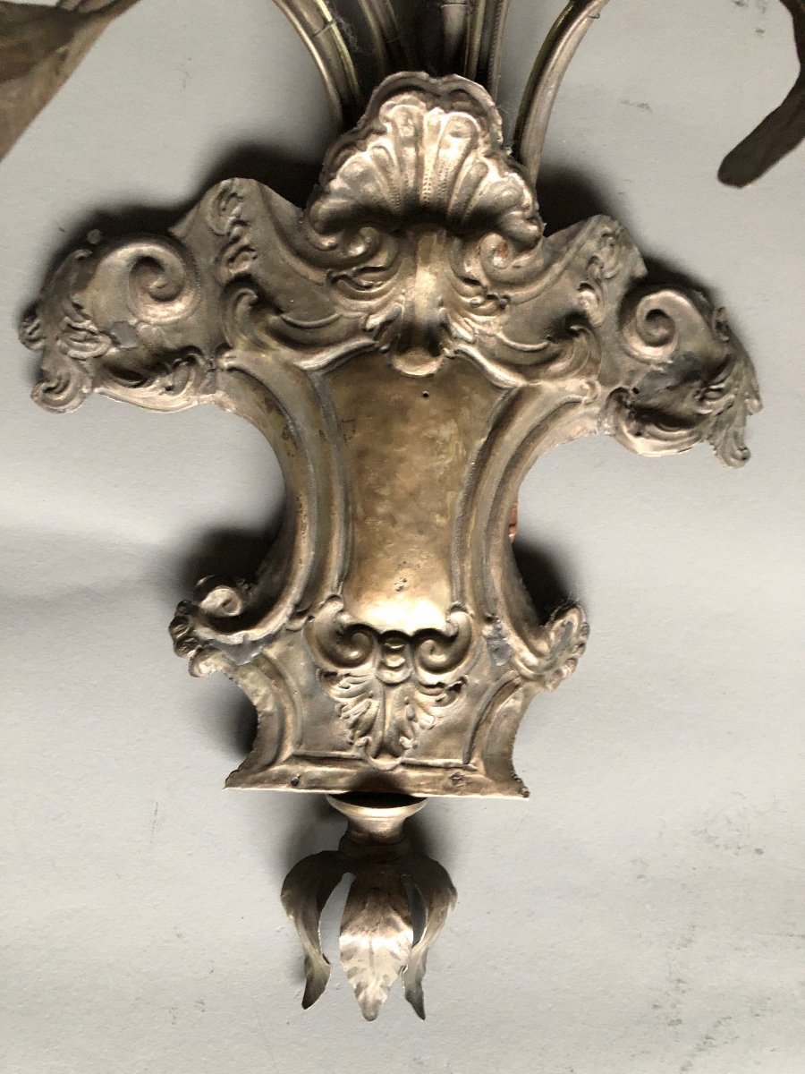 Pair Of Sconces In Sheet Metal And Hammered Iron - Silver - 50s - Plants-photo-2