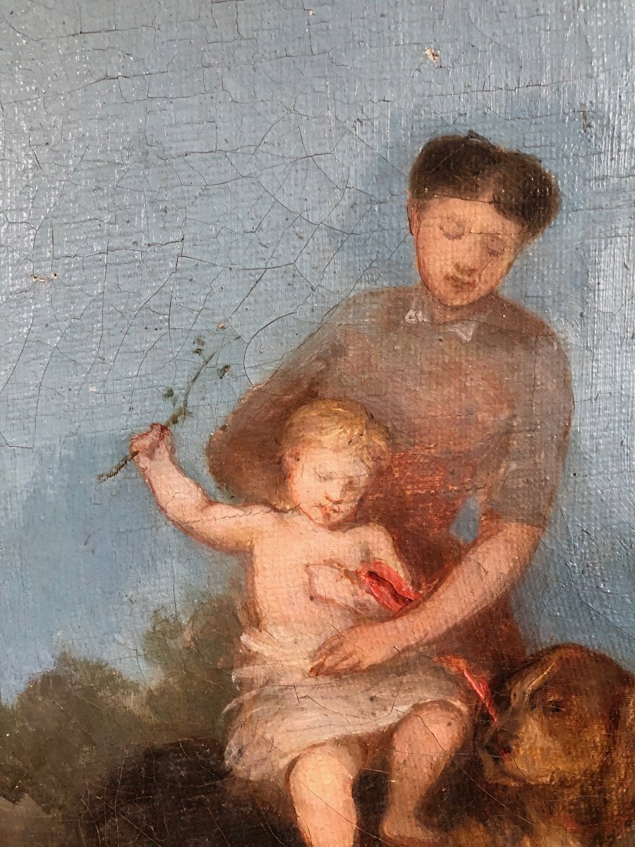 Huile Sur Toile - Monogramme ED - Mère Et Son Enfant sur un chien - XIXème -photo-3