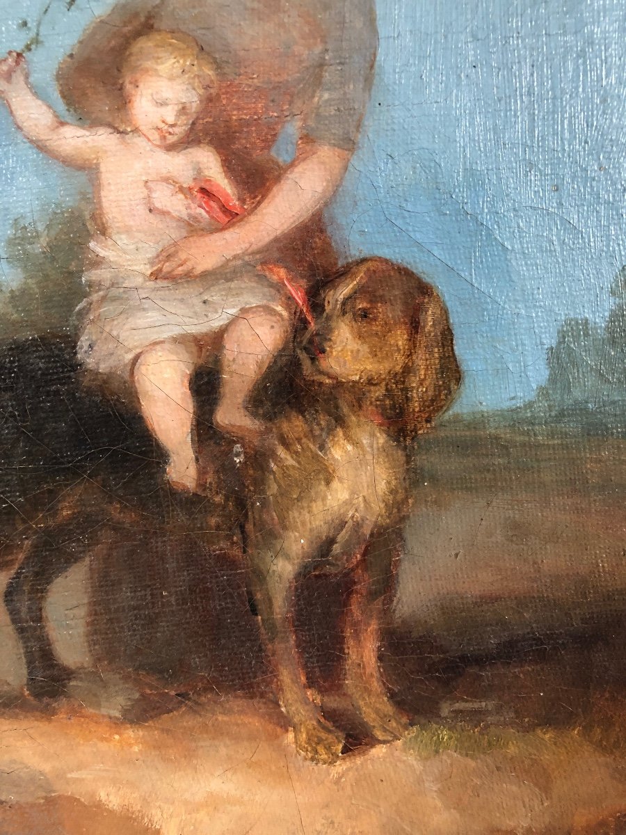 Huile Sur Toile - Monogramme ED - Mère Et Son Enfant sur un chien - XIXème -photo-4