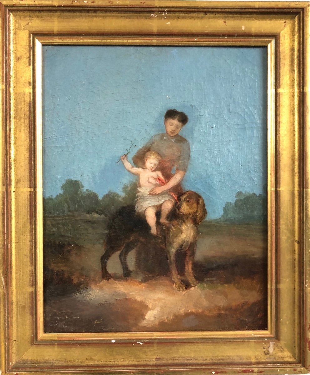Huile Sur Toile - Monogramme ED - Mère Et Son Enfant sur un chien - XIXème -photo-1