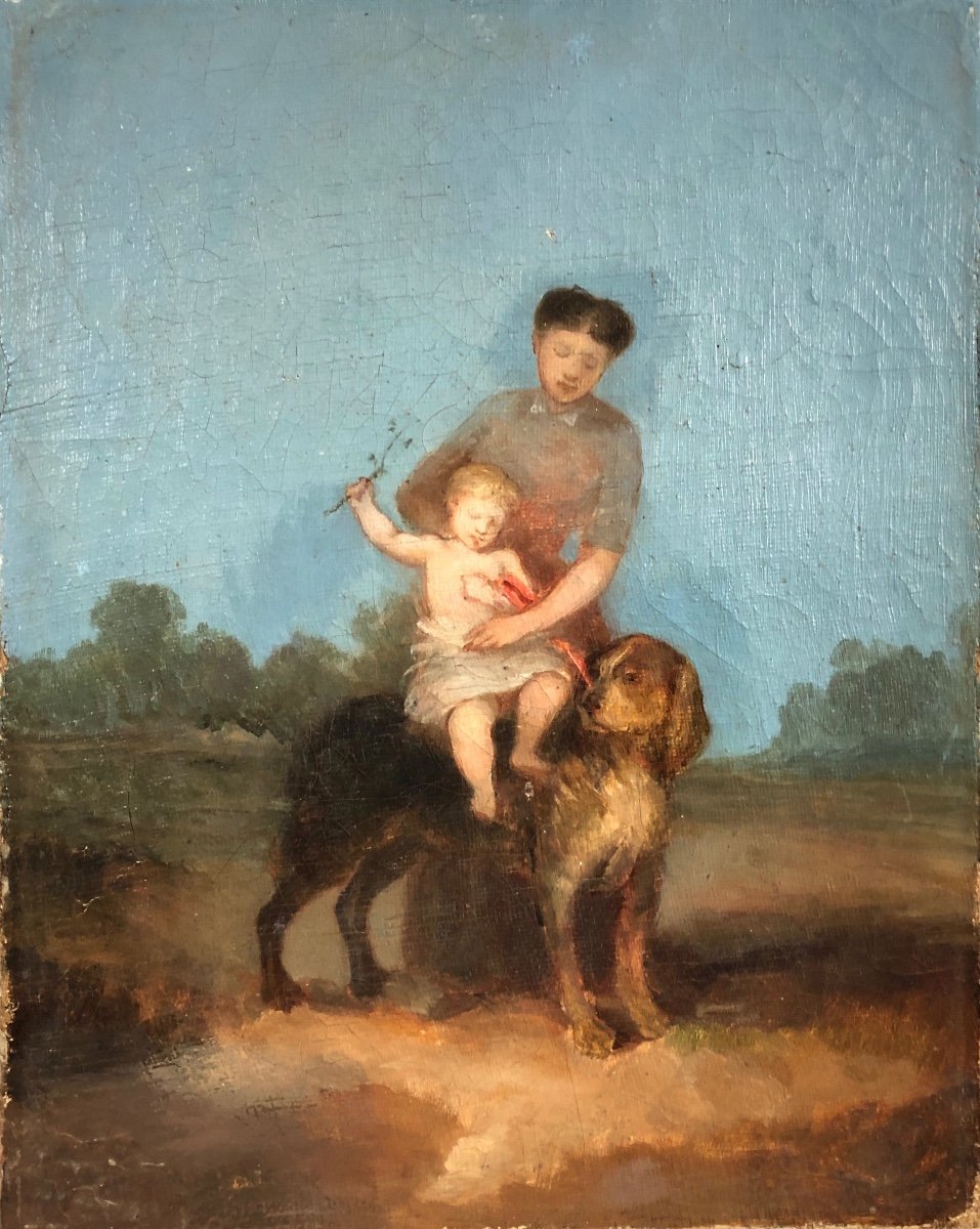 Huile Sur Toile - Monogramme ED - Mère Et Son Enfant sur un chien - XIXème 