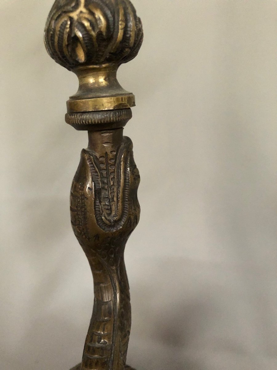 Rare Lampe à Huile en bronze - Décor De Serpent Et Têtes De Singes - XIXème-photo-3