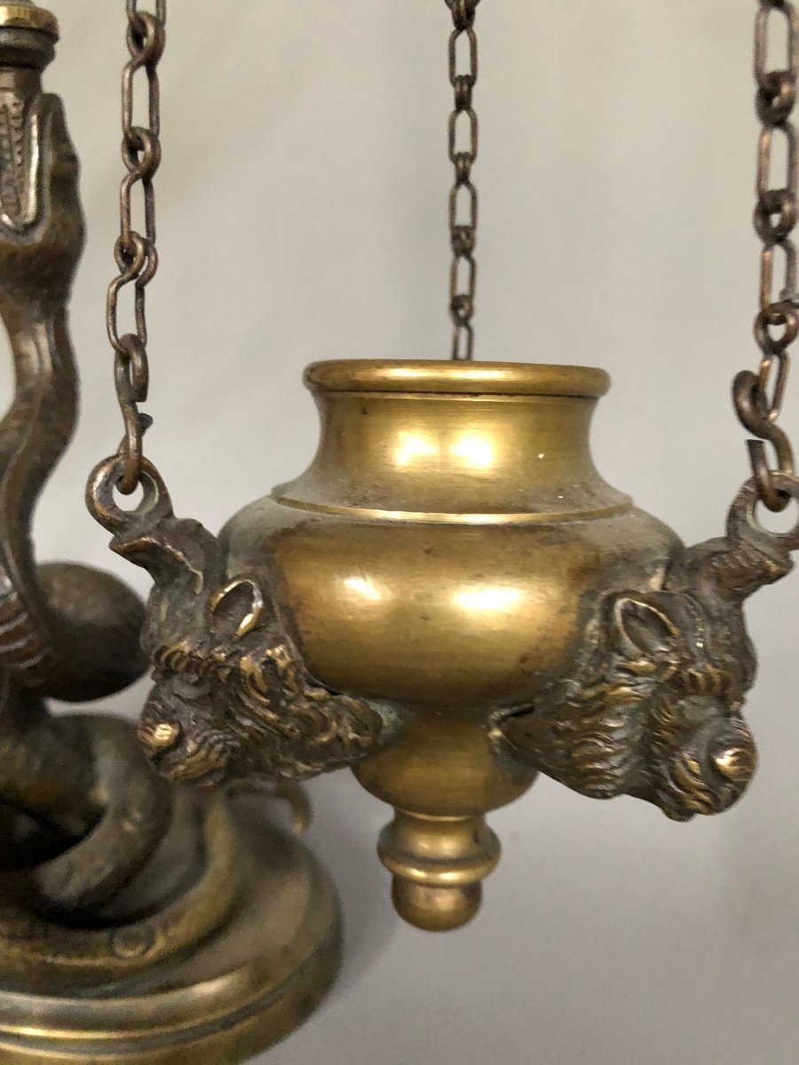 Rare Lampe à Huile en bronze - Décor De Serpent Et Têtes De Singes - XIXème-photo-4
