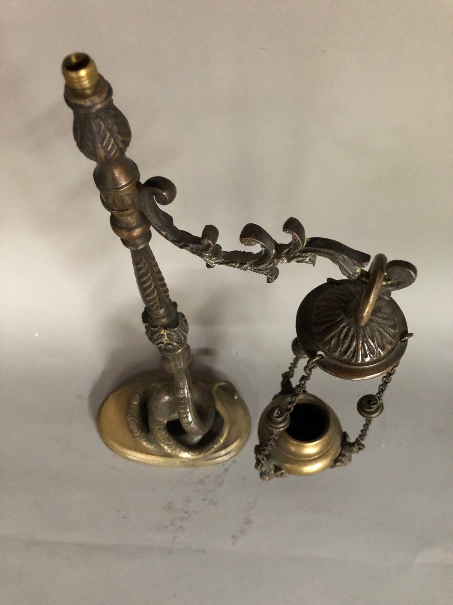 Rare Lampe à Huile en bronze - Décor De Serpent Et Têtes De Singes - XIXème-photo-1