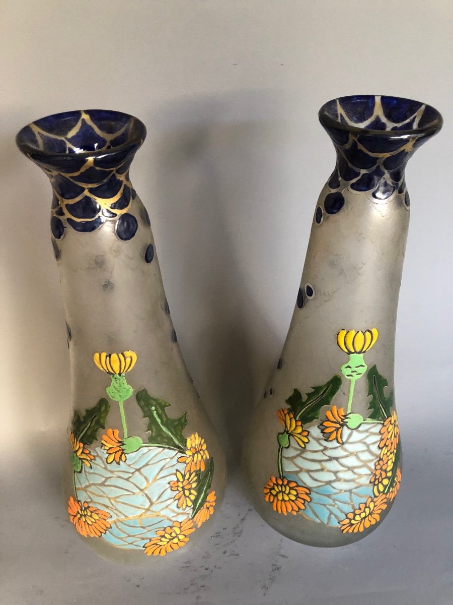 Grande Paire De Vases Legras Signés - Vers 1920 - Verre Givré Et émaillé - Décor De Fleurs-photo-1