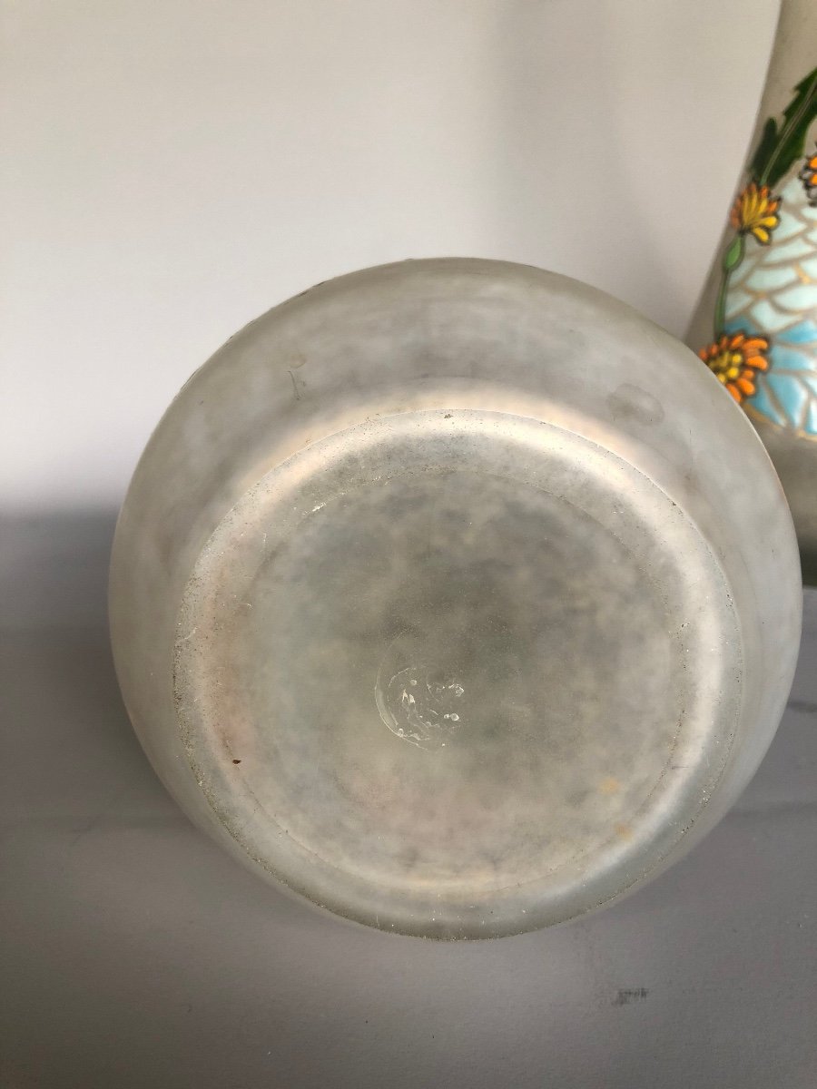 Large Pair Of Signed Legras Vases - Around 1920 - Frosted And Enamelled Glass - Flower Decor-photo-3