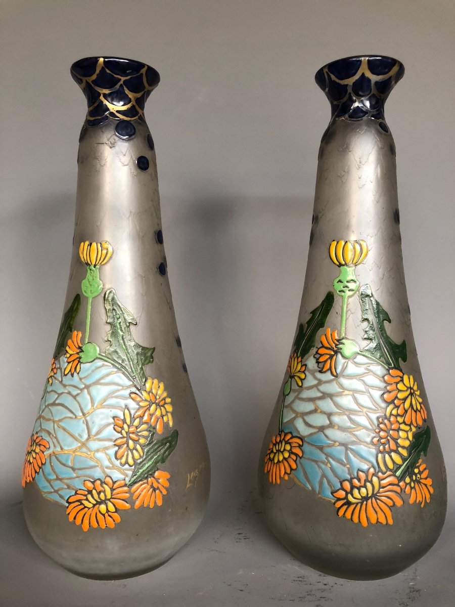 Grande Paire De Vases Legras Signés - Vers 1920 - Verre Givré Et émaillé - Décor De Fleurs