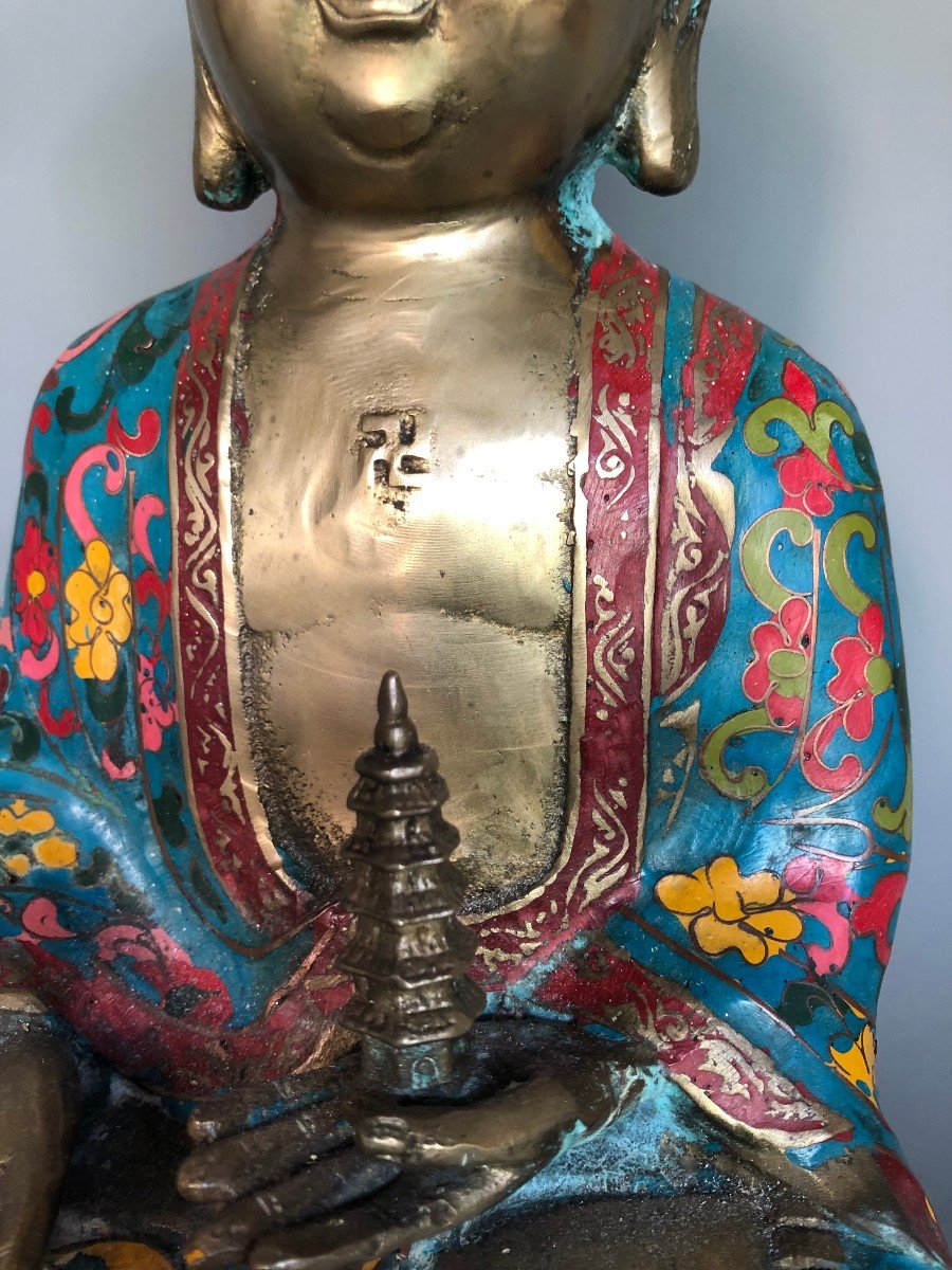 Bouddha En Bronze Et émaux Cloisonnés - XXème - Chine Ou Japon -photo-3