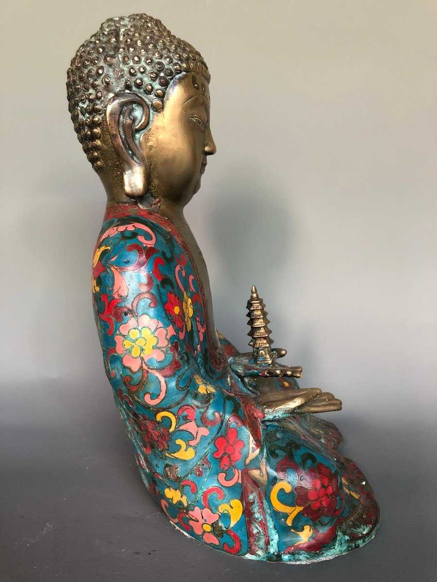 Bouddha En Bronze Et émaux Cloisonnés - XXème - Chine Ou Japon -photo-2