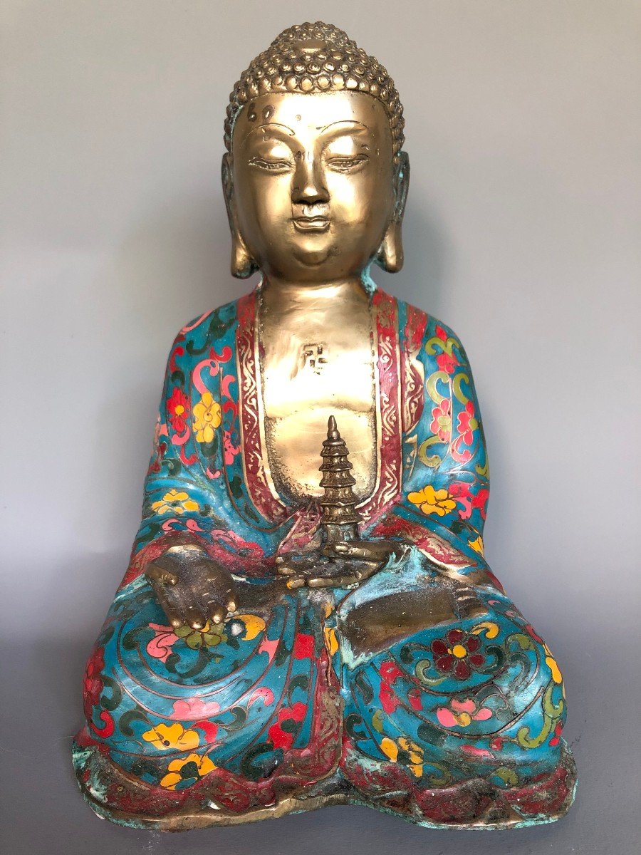 Bouddha En Bronze Et émaux Cloisonnés - XXème - Chine Ou Japon 