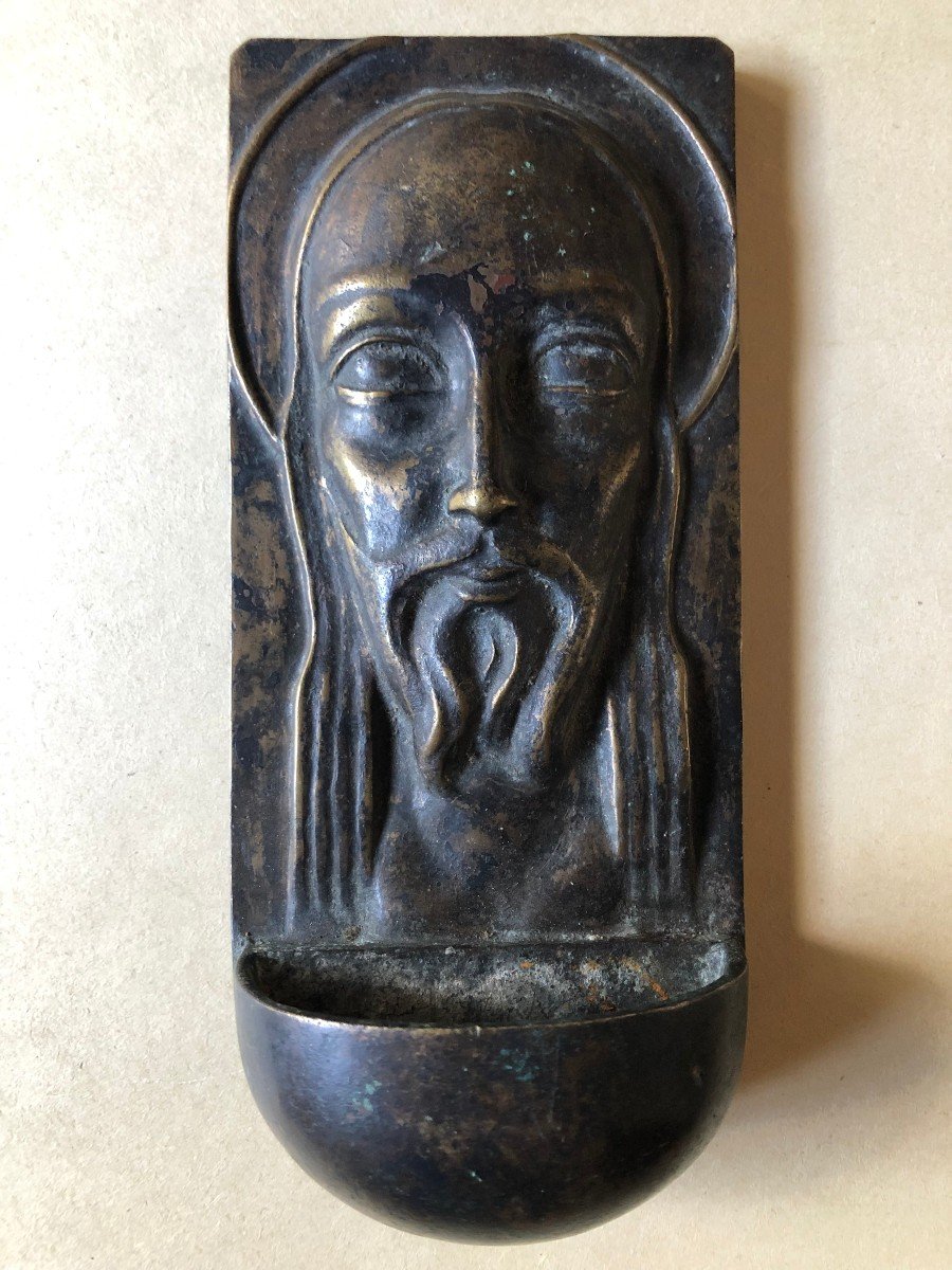 Bénitier En Bronze Vers 1900 - Visage Du Christ