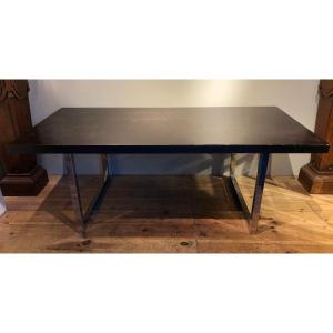 Large Office Table - 80s - Chromed Metal And Blackened Wood