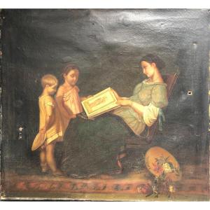 Ecole XIXème Romantique - La Maman Et Ses Deux Enfants - Huile Sur Toile
