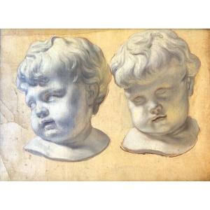 Huile Sur Papier - XIXème Siècle - Etude de Deux Têtes De Putti