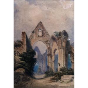 Aquarelle XIXème - Ruines d'Une église - Balkans