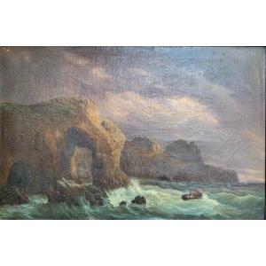 Oil On Canvas - Early 19th Century - Rough Sea And Storm On The Rocks