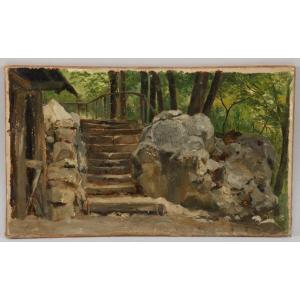 Oil On Paper - Late 19th Century - The Stone Staircase In The Forest