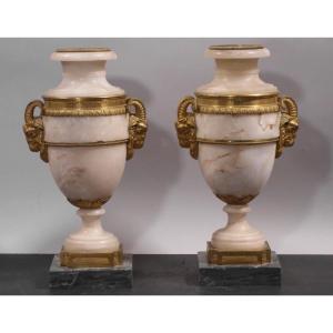 Pair Of Cassolettes - 19th Century - Alabaster And Gilded Bronze - Ram's Head