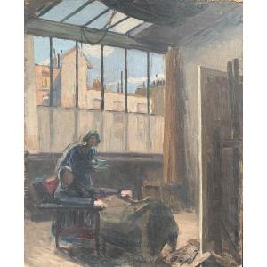Oil On Heavy Cardboard – The Painter In His Studio – Signed Leroux – Early 20th Century