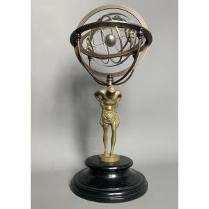 Atlas Armillary Sphere - Patinated Bronze - Black Marble Base - 1970-1980s