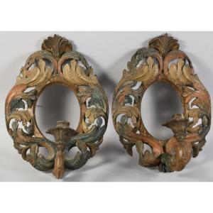 Paire d’appliques en bois sculpté polychrome - miroirs au mercure- Italie du Nord- XVIIIe 