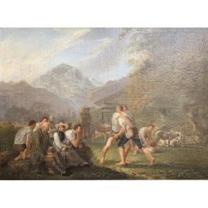 The Wrestlers - Oil On Canvas Early 19th Century - Swiss Or South German School