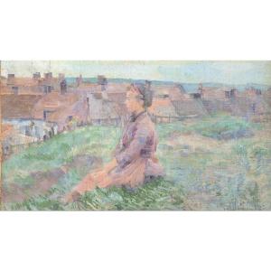 Jakob Ruch (1868-1914) - Young Woman In A Village, Impressionist Study
