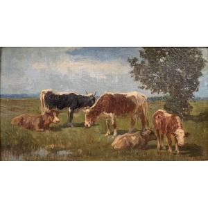 Paul Weber (1823–1916) – Herd Of Cows Grazing - Oil On Canvas