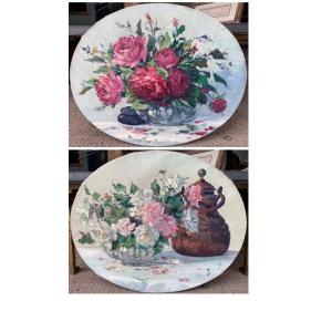 Pierre-Paul Emiot (1896-1971) - Paire d’huiles sur toile - natures mortes aux fleurs 