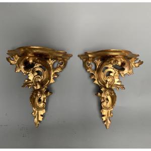 Paire de console en bois sculpté et doré - Travail italien du XIXᵉ siècle
