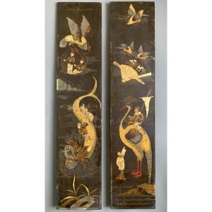 Paire de Panneaux en Laque Asiatique – Fin du XIXe Siècle - Animaux et chimères