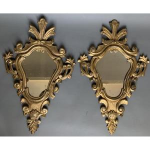 Large Pair Of Wall Sconces With Mirrors, Carved And Gilded Wood – Italy, 18th Century