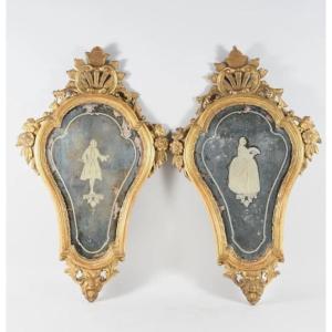 Pair Of Carved And Gilded Wooden Wall Sconces—with Mercury Mirror And églomisé Glass—18th Century