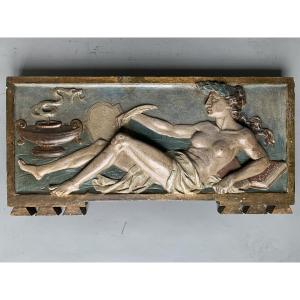 Carved And Polychrome Wooden Bas-relief—female Allegory—circa 1900