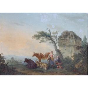 Oil On Canvas – A Pastoral Landscape Featuring Shepherds And Flocks, Late 18th Century