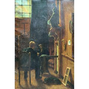 Jules Potvin (1800–1900) — Oil On Canvas — The Artist In His Studio With A Friend