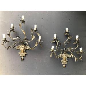 Pair Of Sconces In Sheet Metal And Hammered Iron - Silver - 50s - Plants