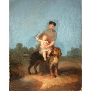 Huile Sur Toile - Monogramme ED - Mère Et Son Enfant sur un chien - XIXème 