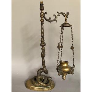 Rare Bronze Oil Lamp - Snake Decor And Monkey Heads - XIXth
