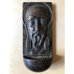 Stoup In Bronze Circa 1900 - Face Of Christ