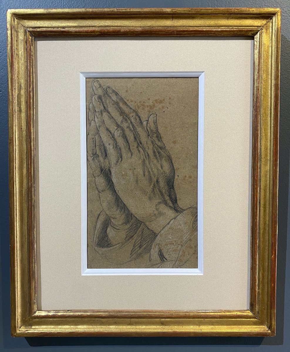 Mains En Prière D’après Albrecht Dürer - Pierre Noire Et Rehauts De Craie Blanche-photo-2