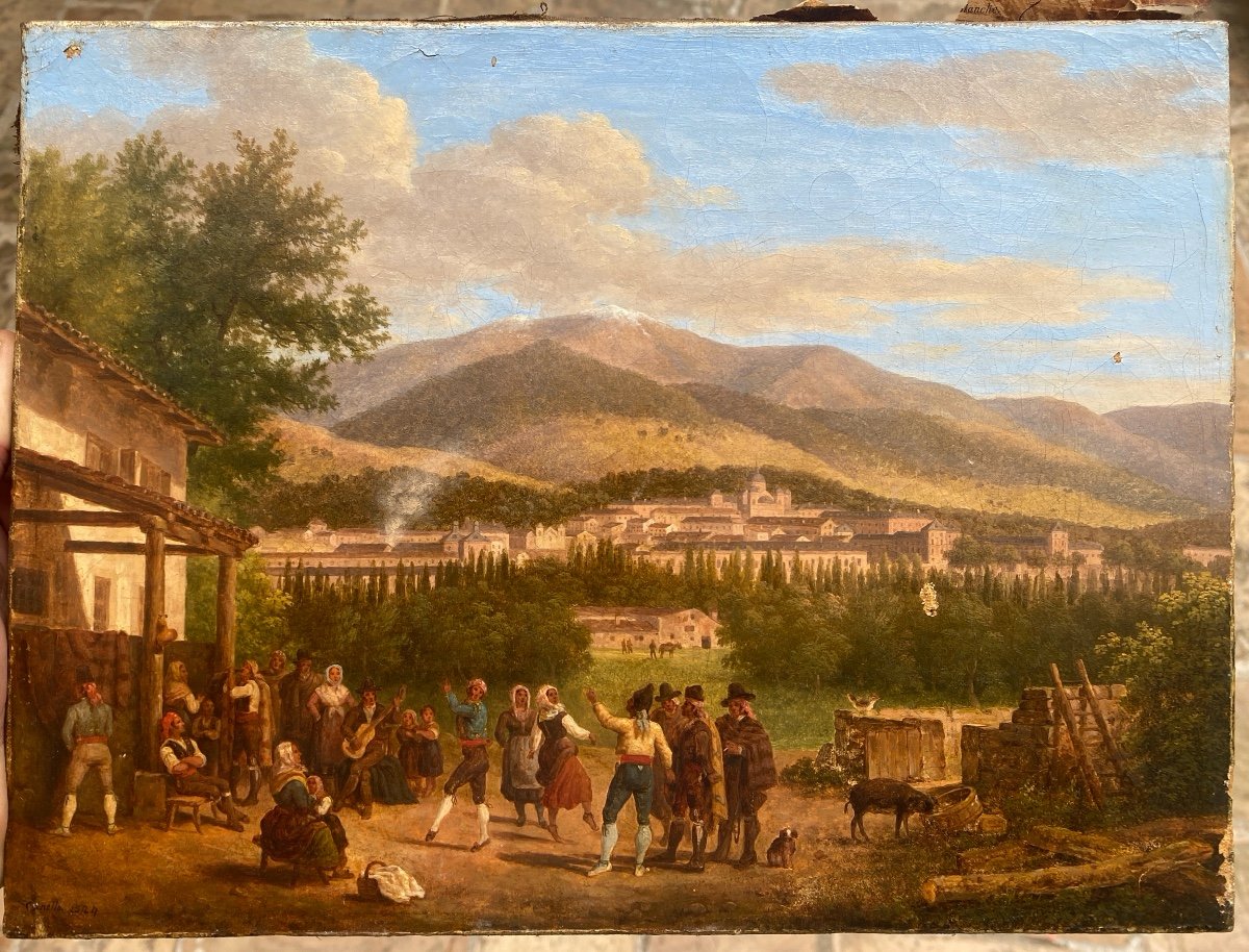 Giuseppe Canella- Fête Villageoise En Espagne, 1824 - Huile Sur Toile-photo-2