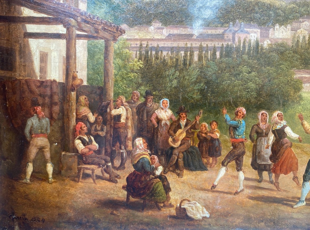 Giuseppe Canella- Fête Villageoise En Espagne, 1824 - Huile Sur Toile-photo-3